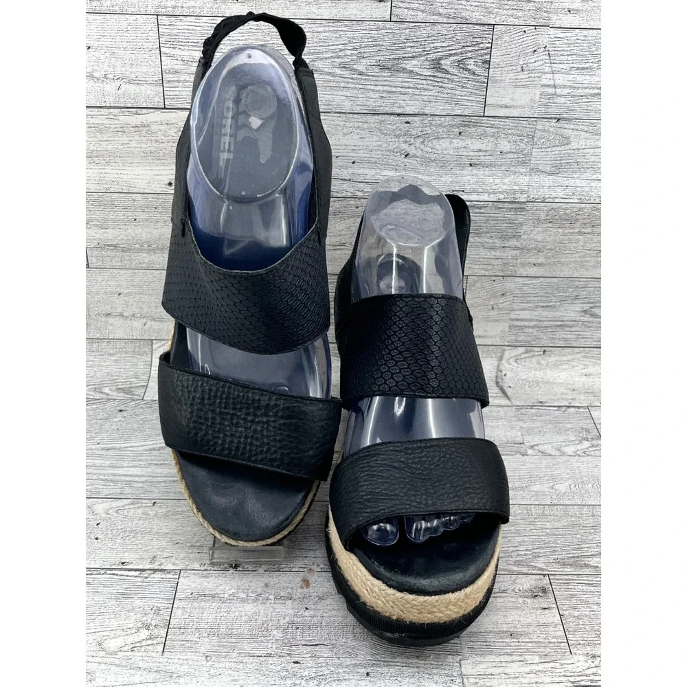 Sorel Joanie II Hi Slingback Wedge Sandals Black Leather Espadrille Women Sz 10 - Picture 1 of 11